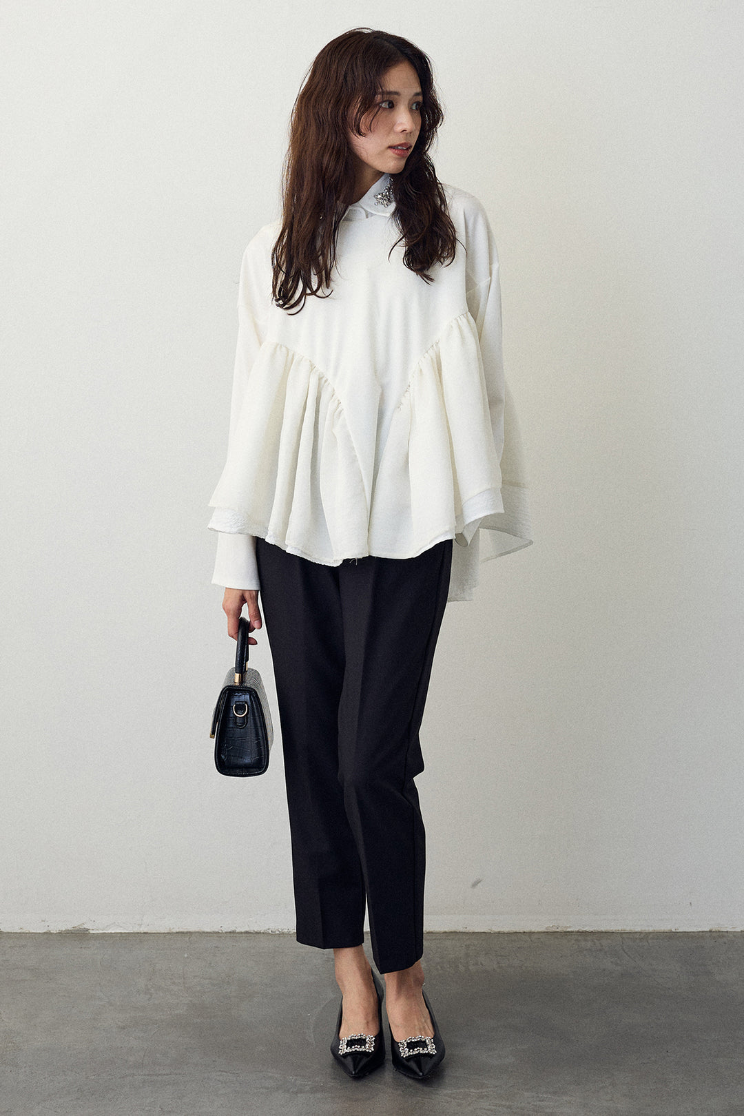 [予約/SET]フリルテール異素材切替チュニック+タックテーパードパンツ(2set)