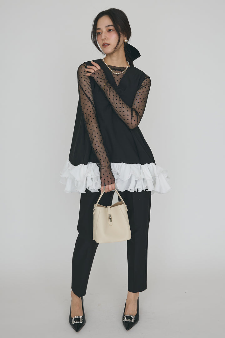 [予約/SET]シアードットフロッキートップス+異素材フリルヘムVネックチュニック+タックテーパードパンツ(3set)
