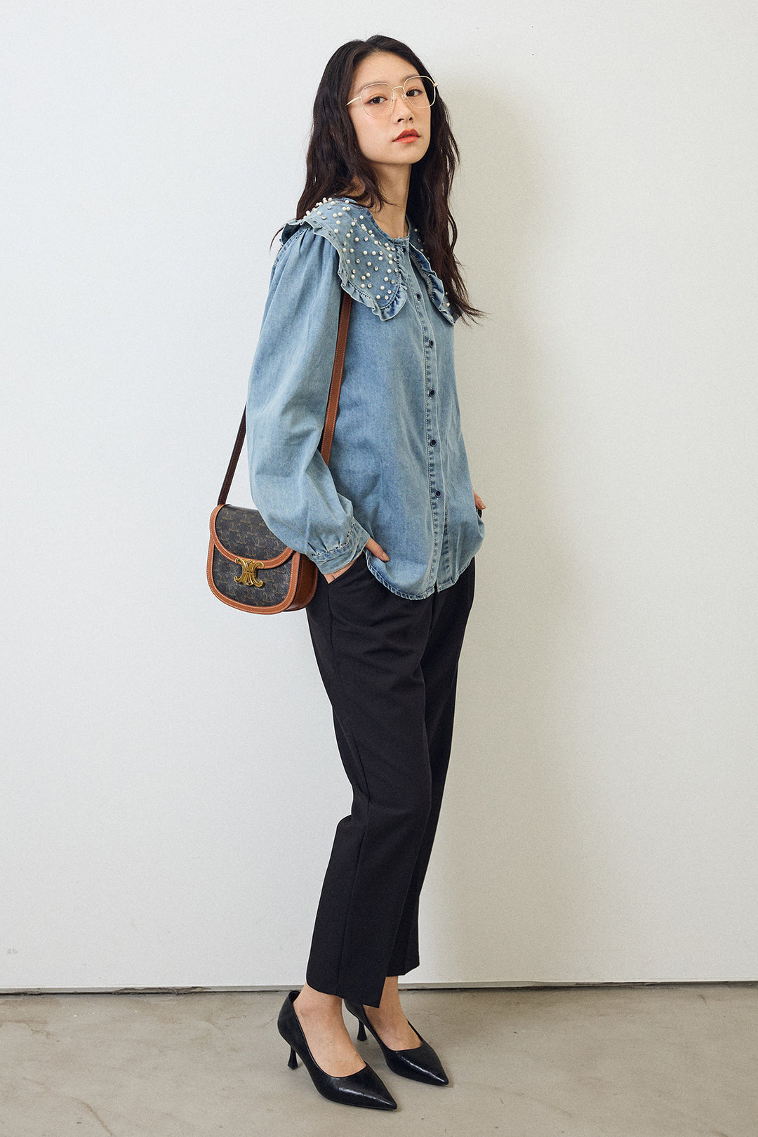 [予約/SET]パールBIGカラーデニムシャツ+タックテーパードパンツ(2set)