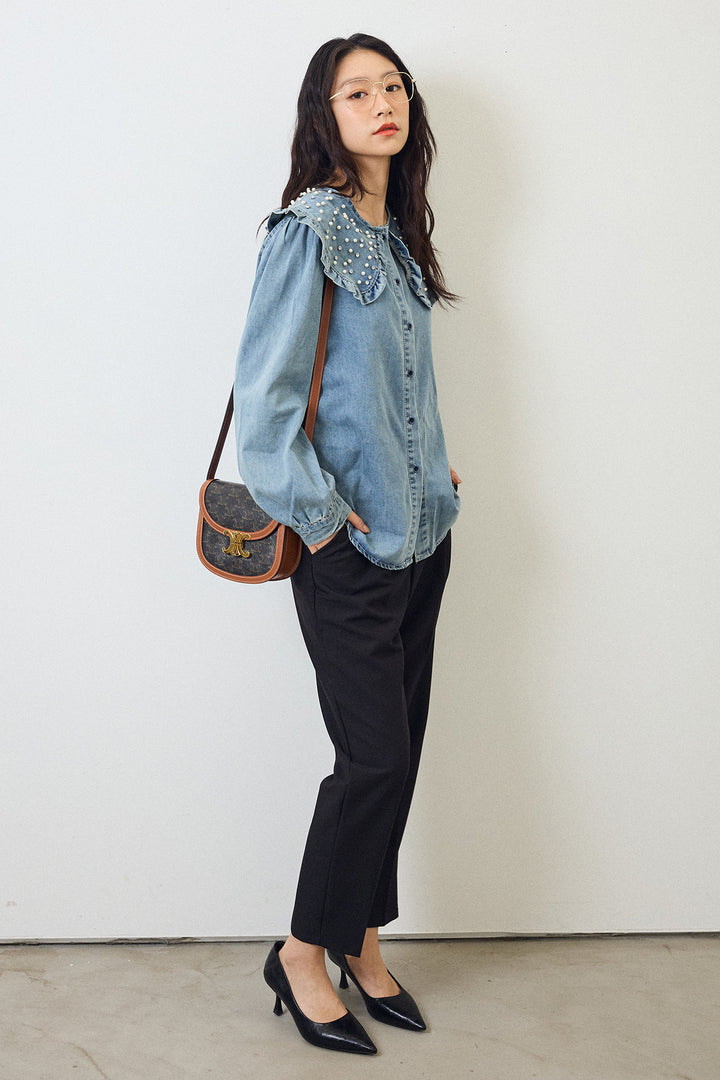 [予約/SET]パールBIGカラーデニムシャツ+タックテーパードパンツ(2set)