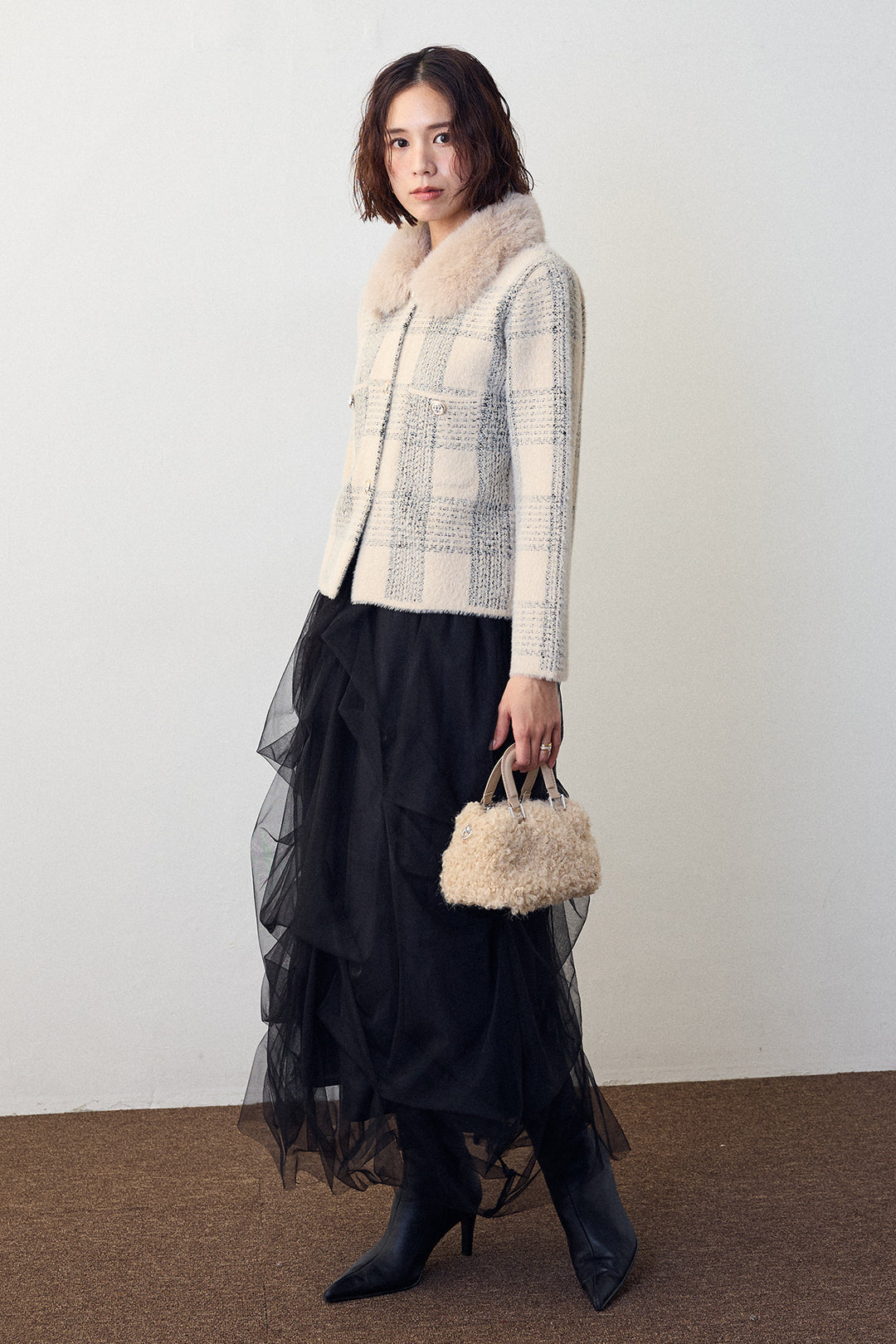 [予約]チェック柄ファー襟コーディガン