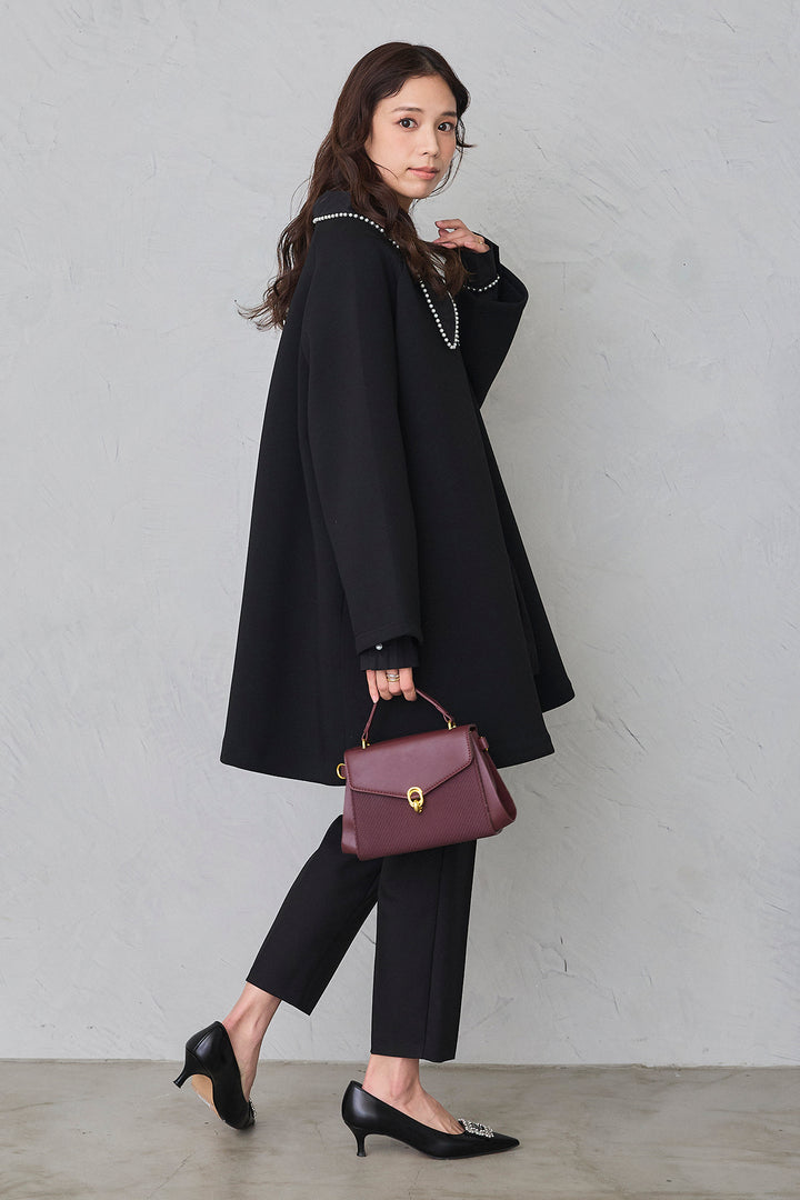 [予約/SET]パールライン襟×プリーツシャツ+ポケットパール付きダンボールコート+タックテーパードパンツ(3set)
