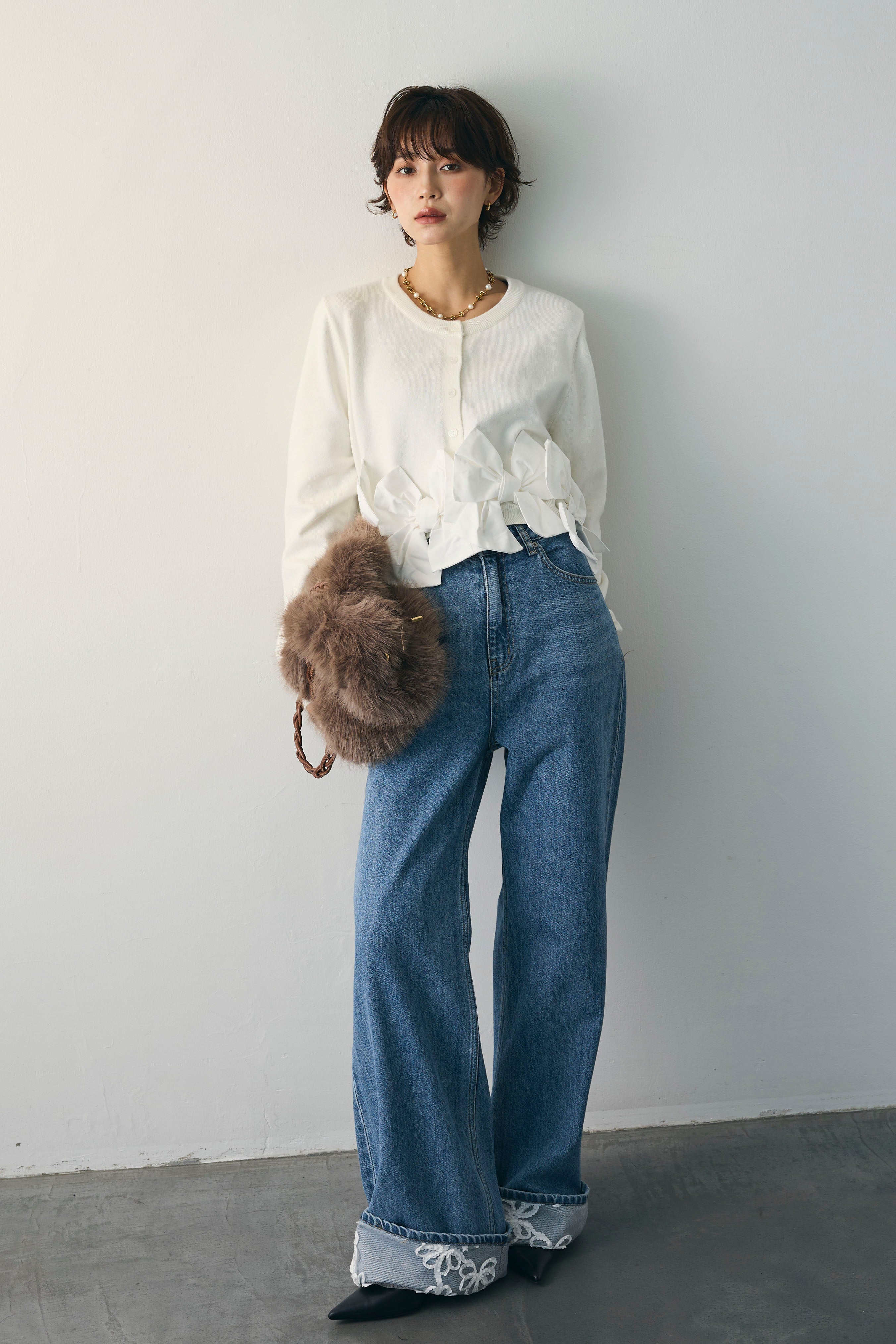 ヘムリボンデザインショートカーデ 予約]ヘムリボンデザインショートカーデ – Frene