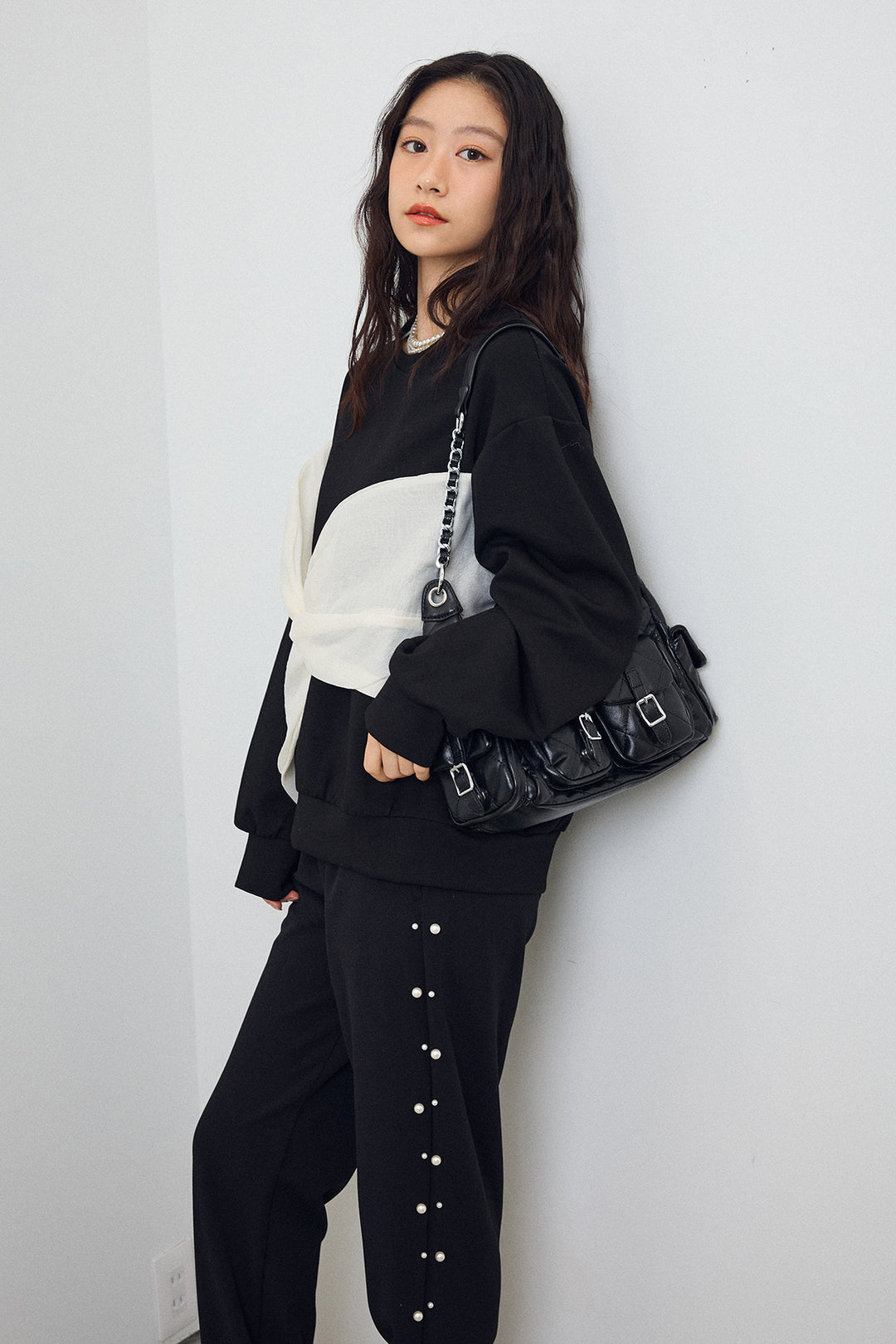 [予約/SET]オーガンジーBIGリボンプルオーバー+サイドパール裾タックジョガーパンツ(2set)