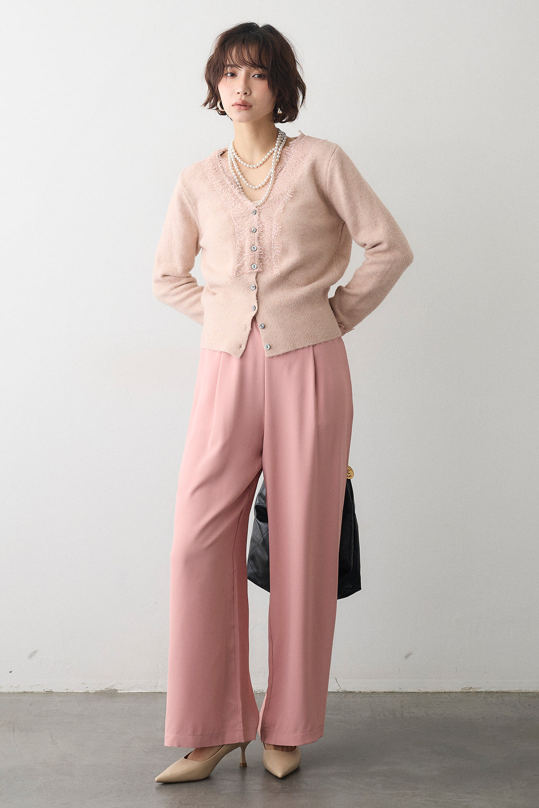 [予約/SET]レースVラインボタンニット+とろみドロストワイドパンツ(2set)