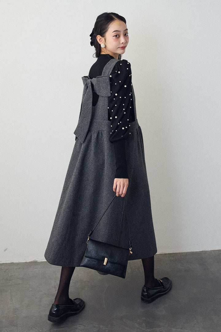 [予約/SET]パフスリーブランダムパールニット+バックリボンボックスシルエットジャンスカ(2set)