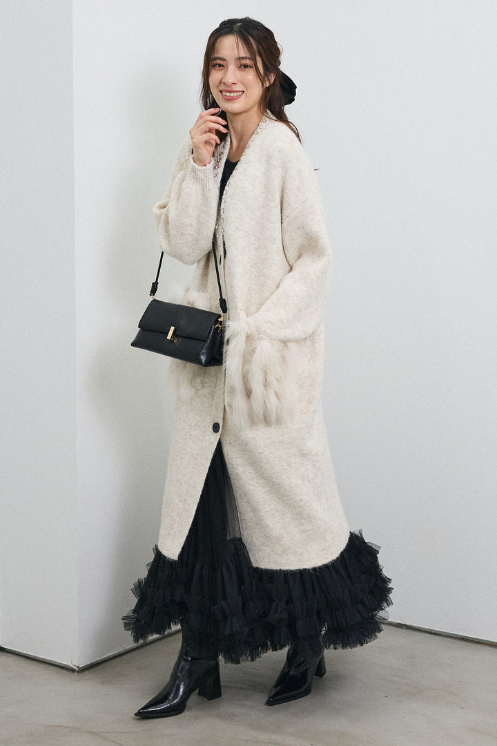 [予約/SET]ファーポケットロングニットカーデ+スウィートチュールフリルスカート(2set)