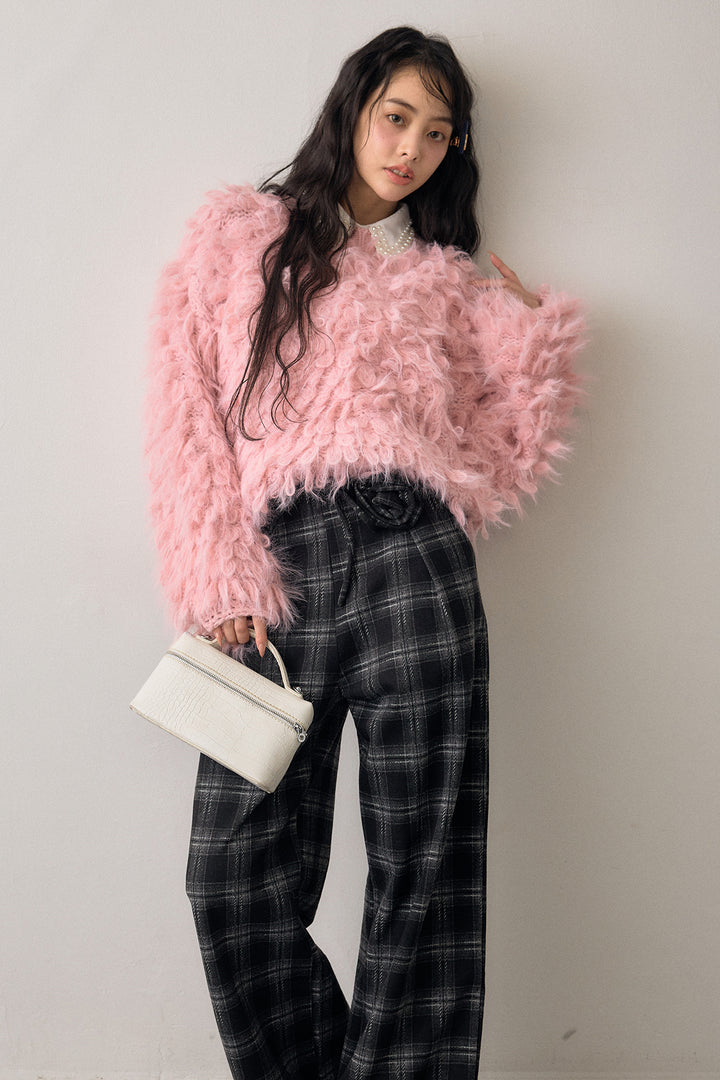 [予約/SET]2連パール付け襟+ループシャプルオーバーニット+クラシカルチェックフラワーモチーフ付きパンツ(3set)