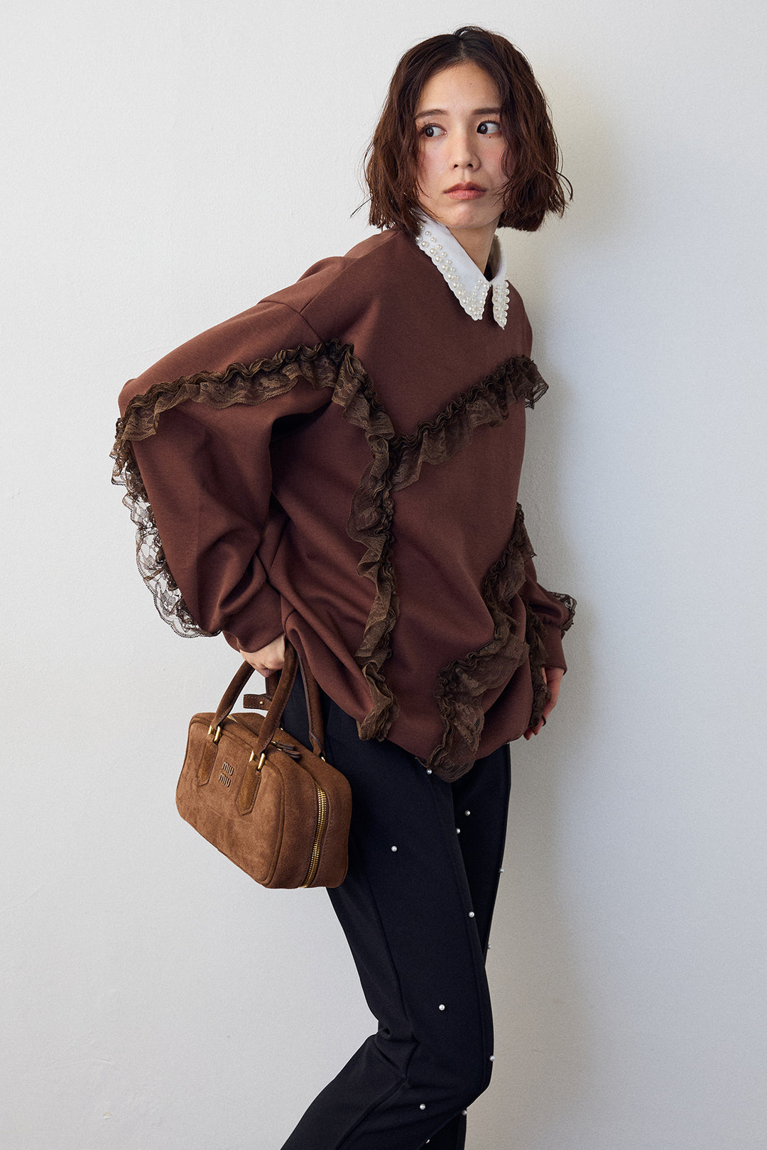 [予約/SET]レースフリルランダムラインスウェット+センターシームランダムパールパンツ(2set)