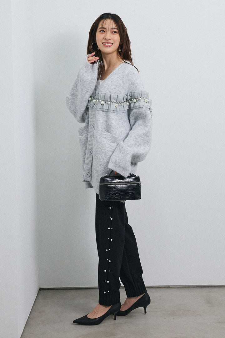 [予約/SET]フリルパールドッキングニットコーディガン+サイドパール裾タックジョガーパンツ(2set)