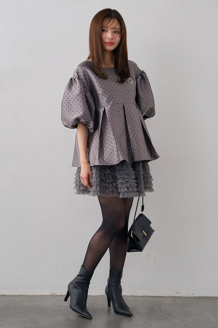 [予約/SET]ハートブローチ付ドットジャガードブラウス+ホイップチュールミニ丈スカート(2set)