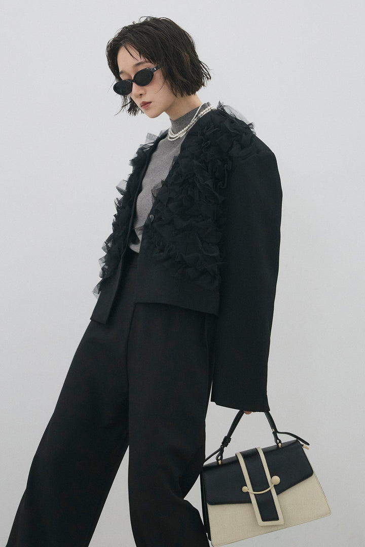 [予約/SET]ハーフスリーブハイネックニット+ホイップチュールショート丈ジャケット+バックリボンストレートパンツ(3set)