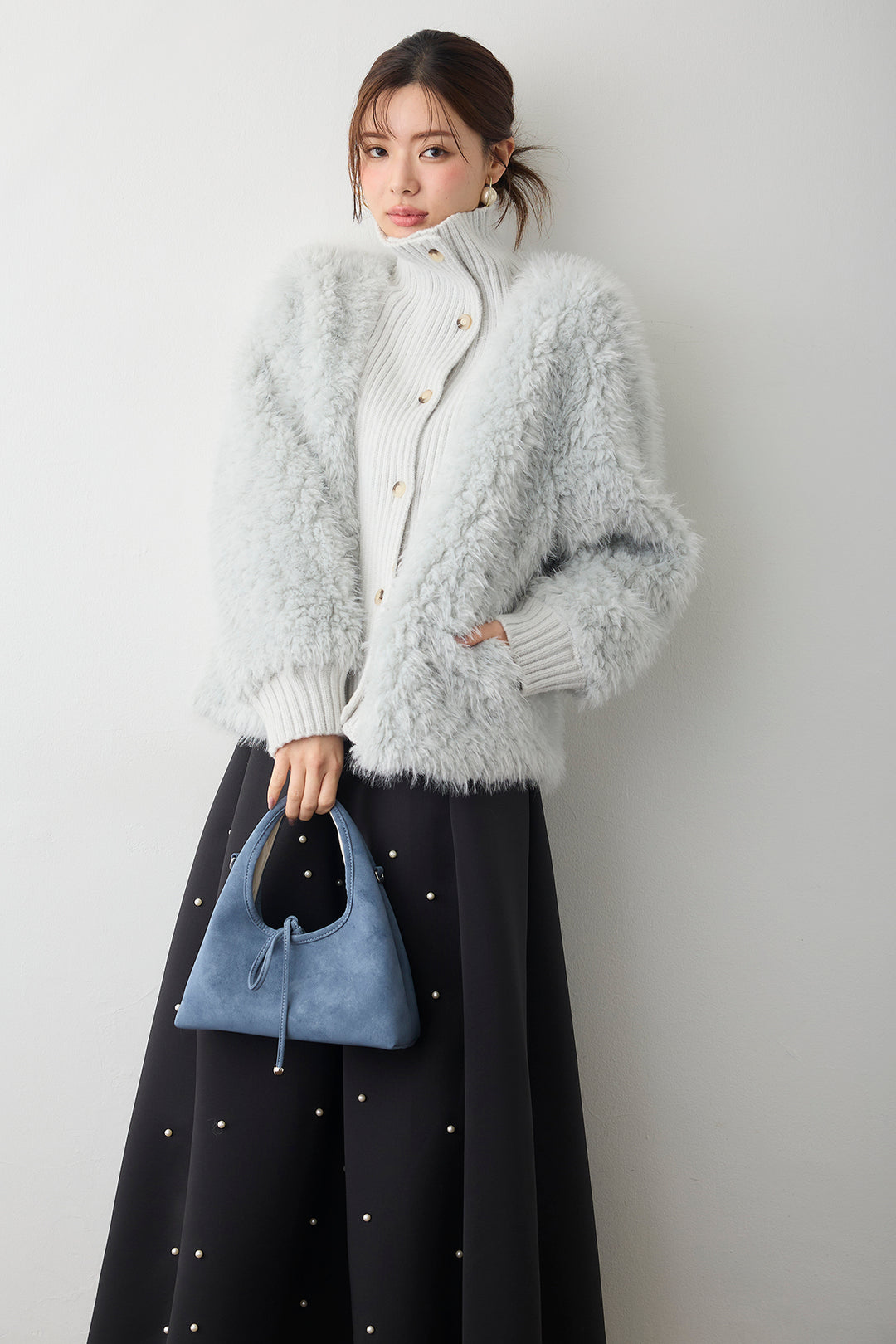 [予約/SET]シャギーファー×リブニットミックスジャケット+マルチパターンボンディングフレアスカート(2set)