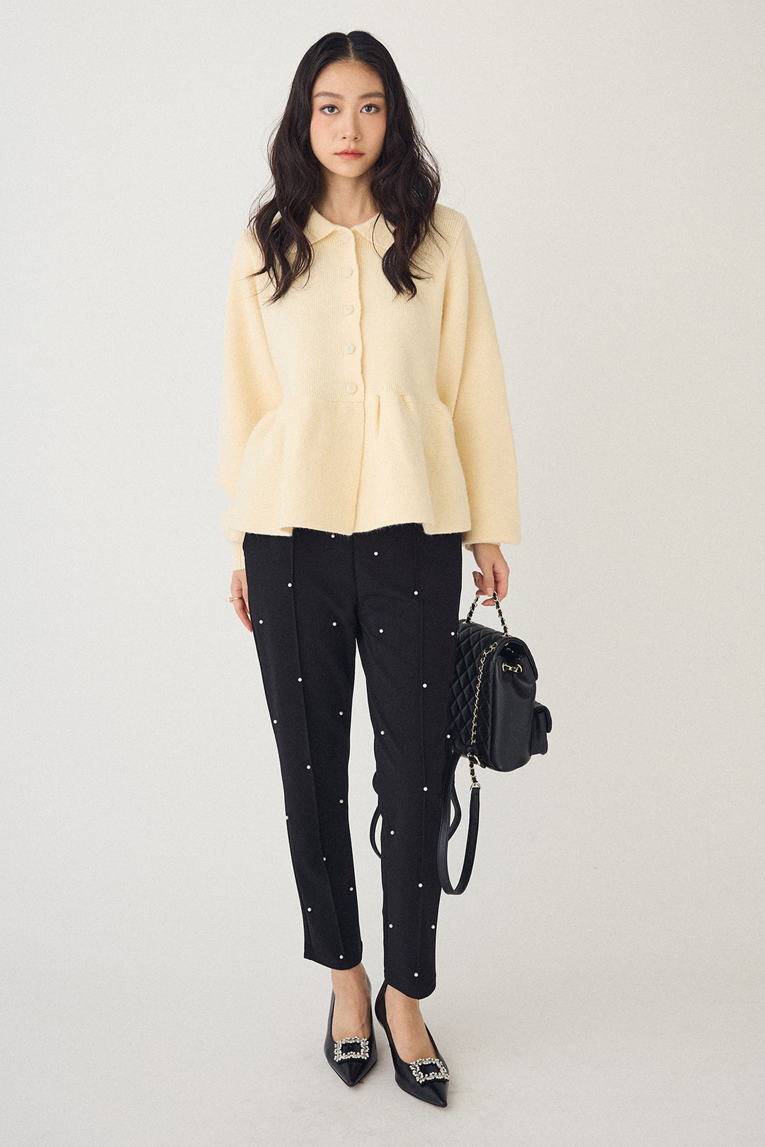 [予約/SET]ポロ襟ペプラムニットプルオーバー+センターシームランダムパールパンツ(2set)