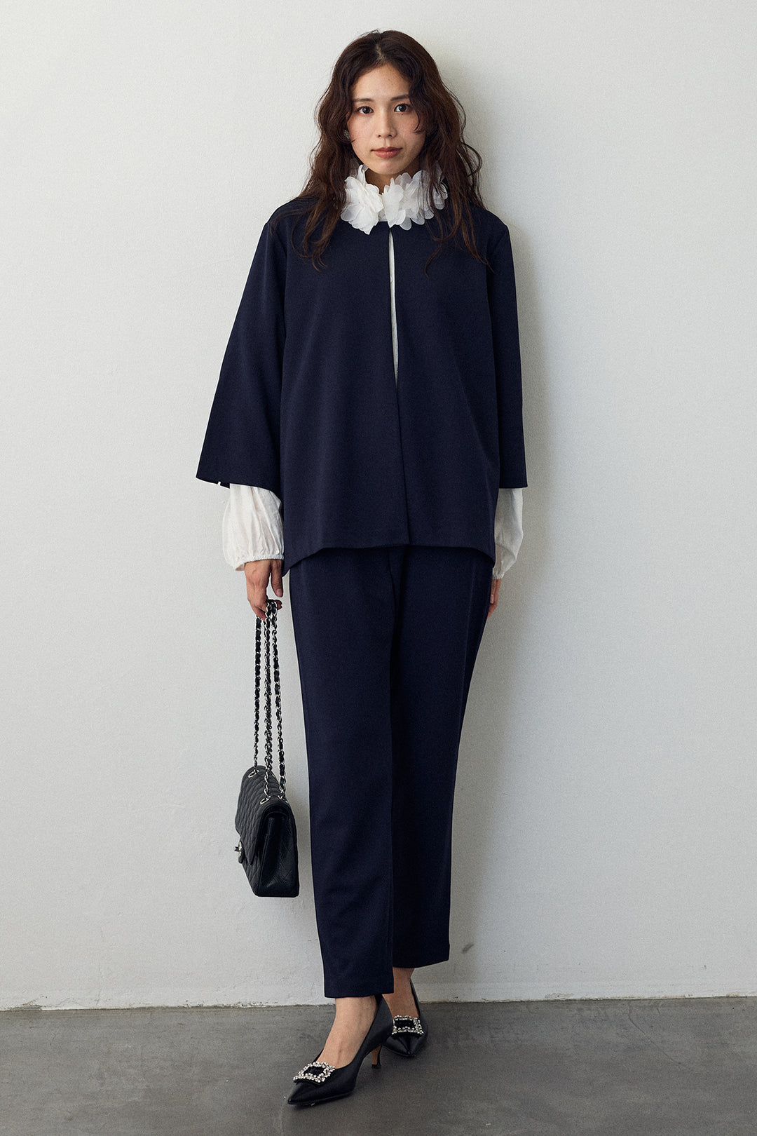 [予約/SET]フラワーフリルネックブラウス+ノーカラージョーゼットセットアップ(2set)