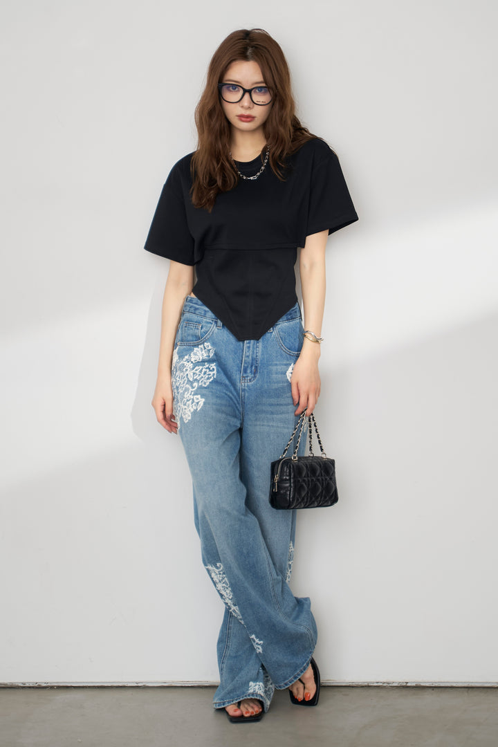 [予約/SET]バックレースアップTシャツ+レースプリントデザインデニムパンツ(2set)