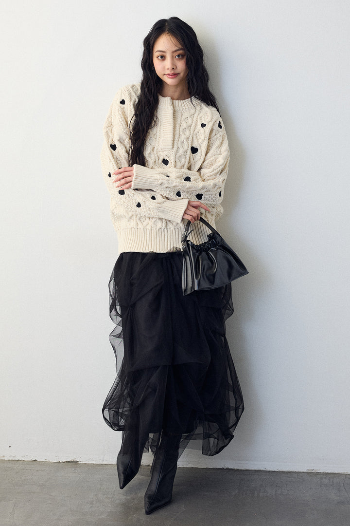 [予約/SET]ハート刺繍ケーブルデザインニット+マルチパターンタックチュールスカート(2set)