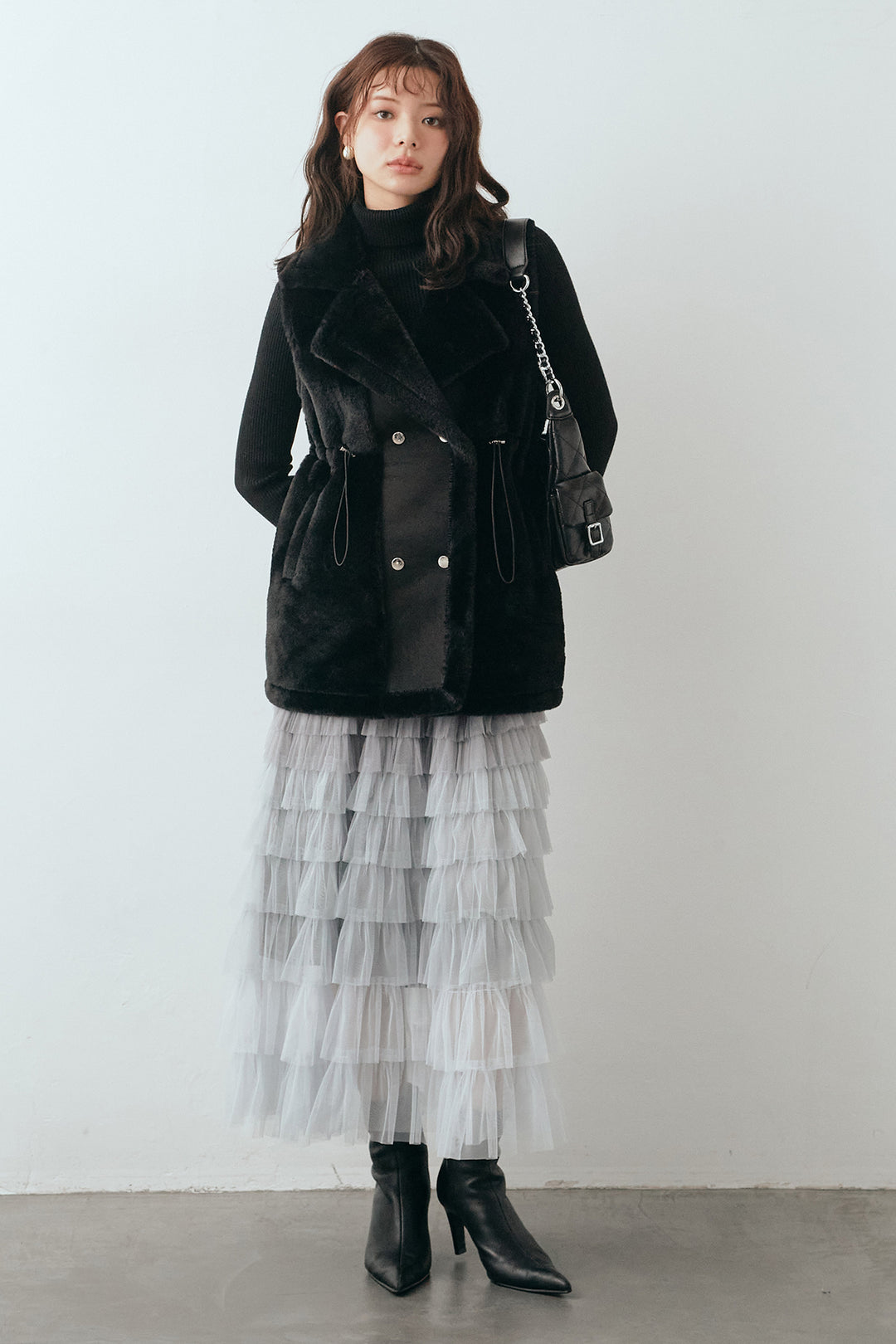 [予約/SET]ベーシックリブタートルニット+テディボアウエストドロストベスト+グラデーションチュールティアードスカート(3set)