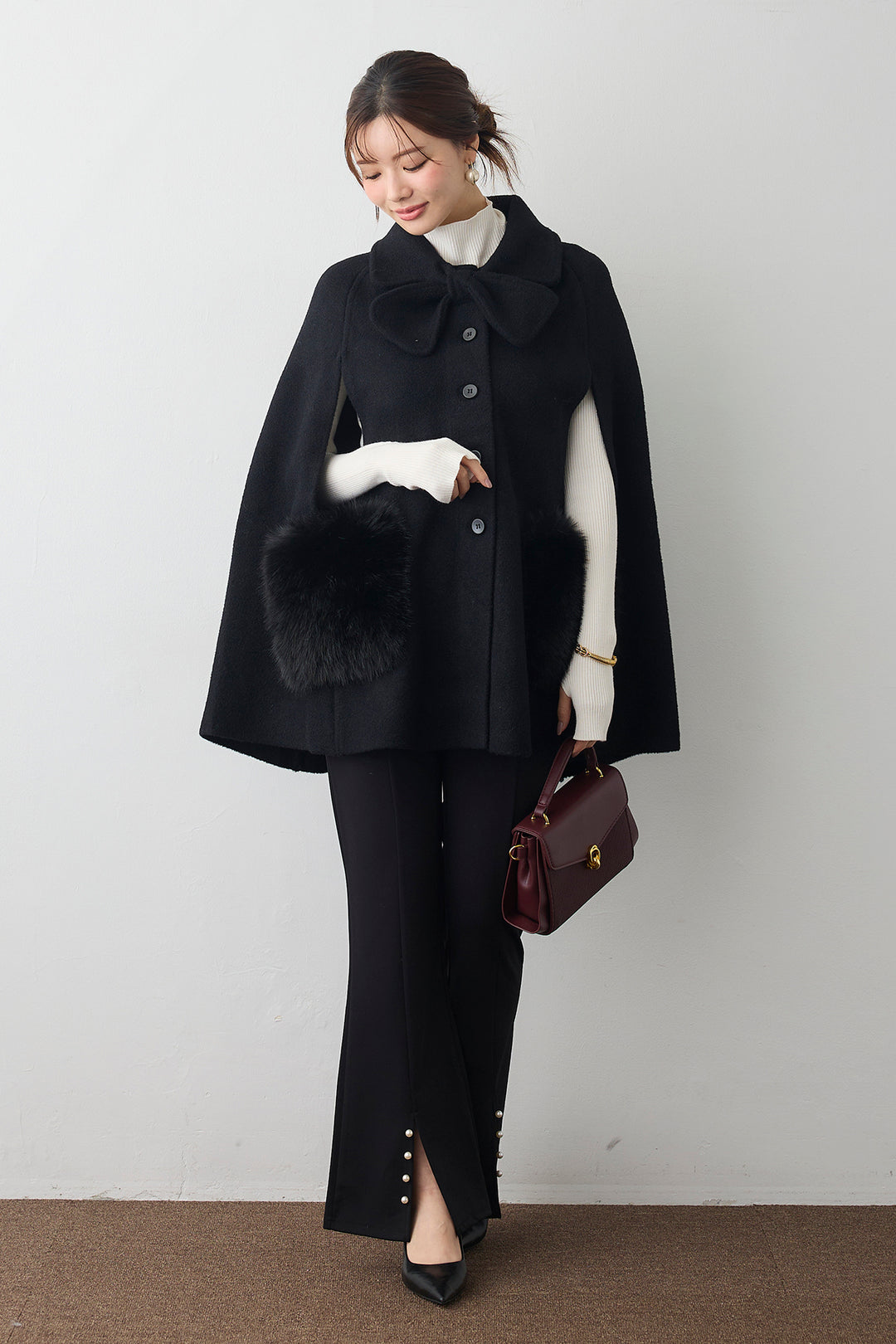 [予約/SET]ウールタッチファーポケットポンチョコート+センタースリットパールパンツ(2set)