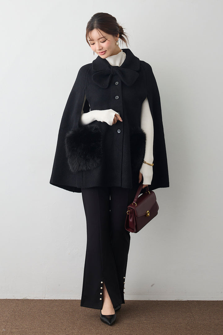[予約/SET]ウールタッチファーポケットポンチョコート+センタースリットパールパンツ(2set)
