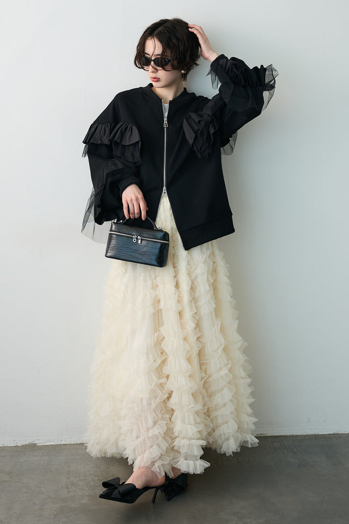 [予約/SET]フリルデザインダブルジップブルゾン+スフレアシメチュールスカート(2set)