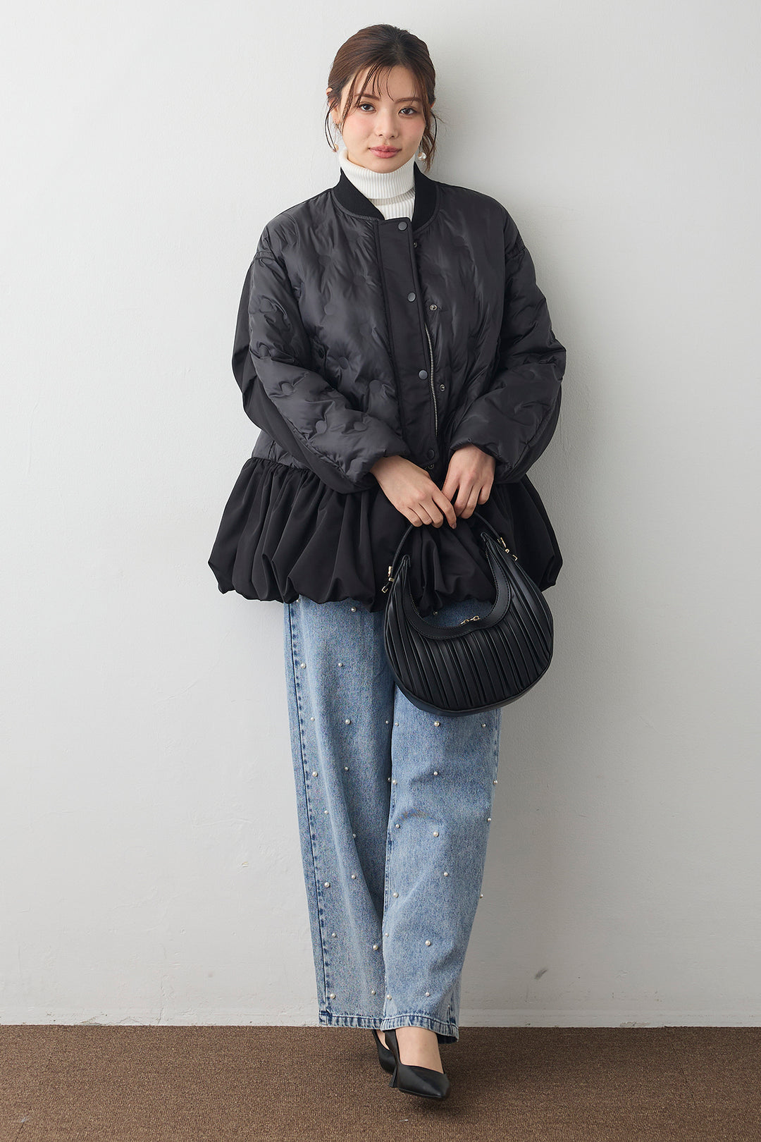 [予約/SET]ヘムギャザードットキルティング中綿フレアコート+パールスタッズストレートハイウエストデニム(2set)