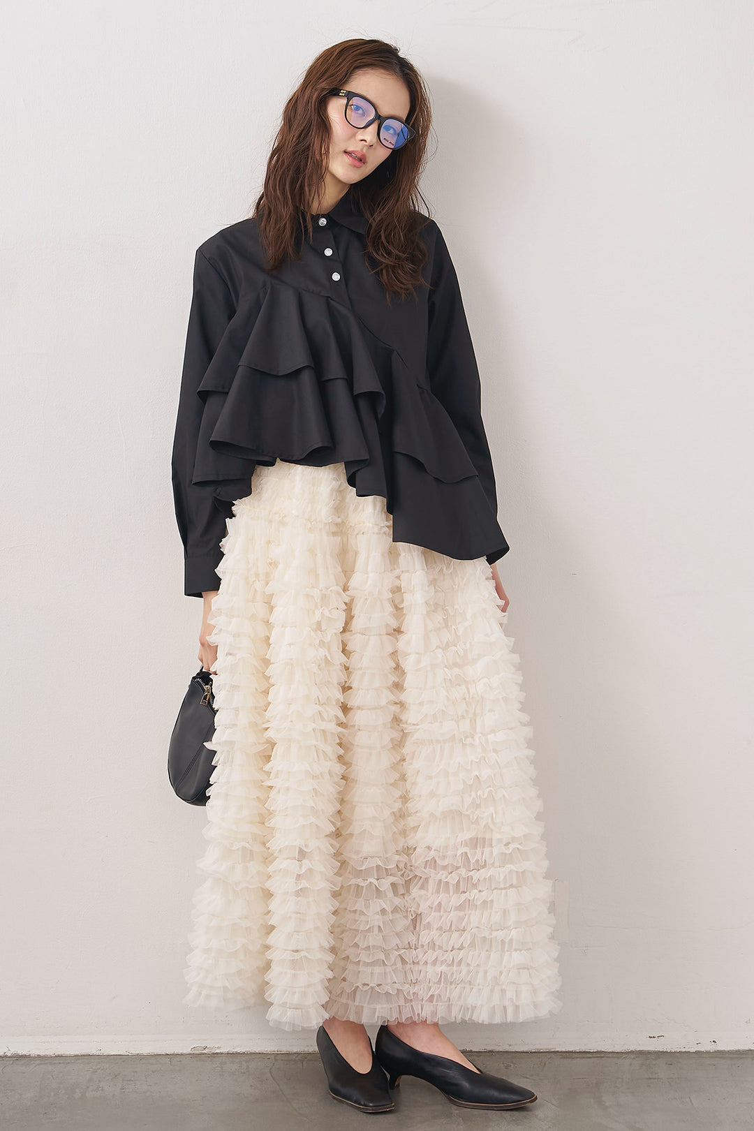 [予約/SET]アシメフリルティアードシャツ+ホイップチュールティアードスカート(2set)