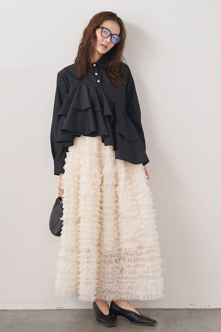 [予約/SET]アシメフリルティアードシャツ+ホイップチュールティアードスカート(2set)