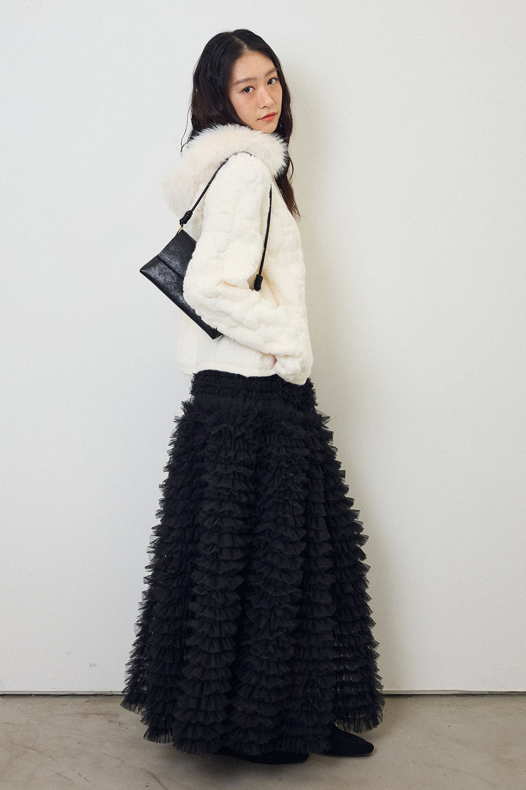 [予約/SET]フードファーキルトZIPニットブルゾン+ホイップチュールティアードスカート(2set)
