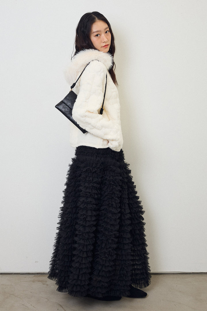 [予約/SET]フードファーキルトZIPニットブルゾン+ホイップチュールティアードスカート(2set)