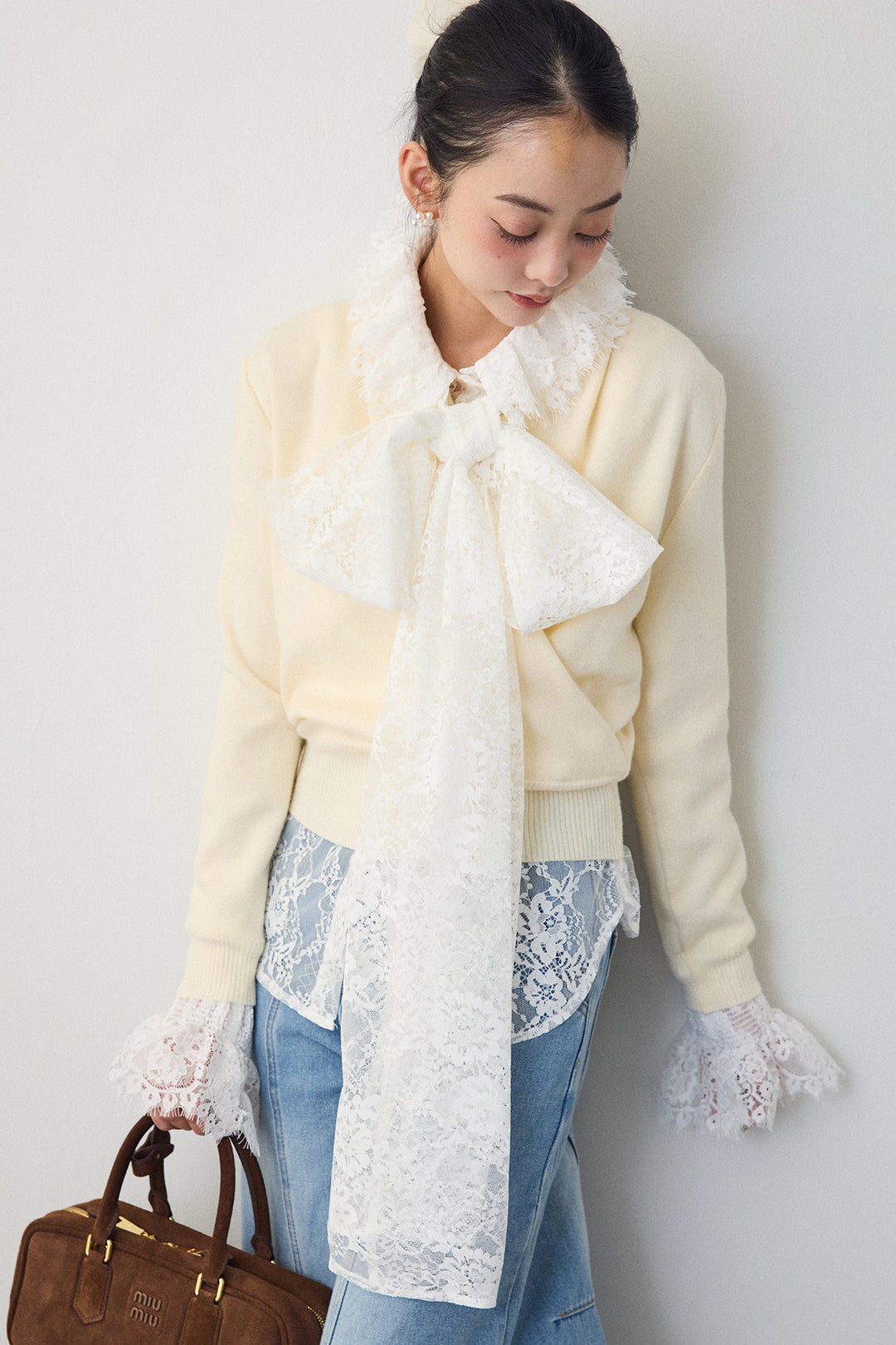 [予約/SET]クラシカルレースボウタイブラウス+カシュクールデザインニット(2set)