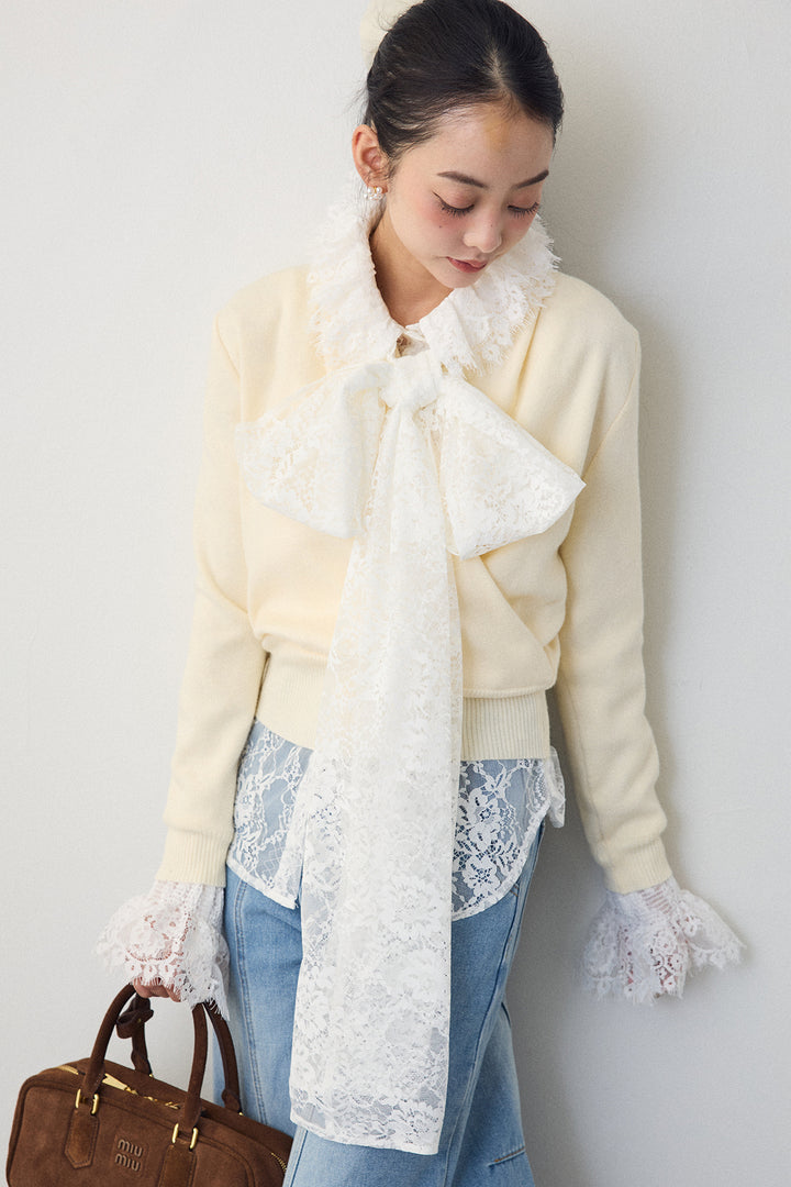 [予約/SET]クラシカルレースボウタイブラウス+カシュクールデザインニット(2set)