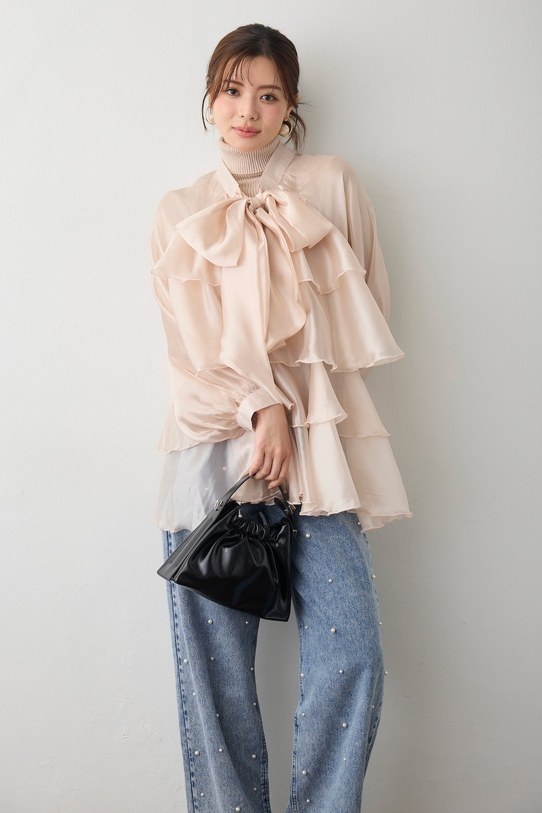 [予約/SET]フロントBIGリボンティアードエアリーチュニック+パールスタッズストレートハイウエストデニム(2set)