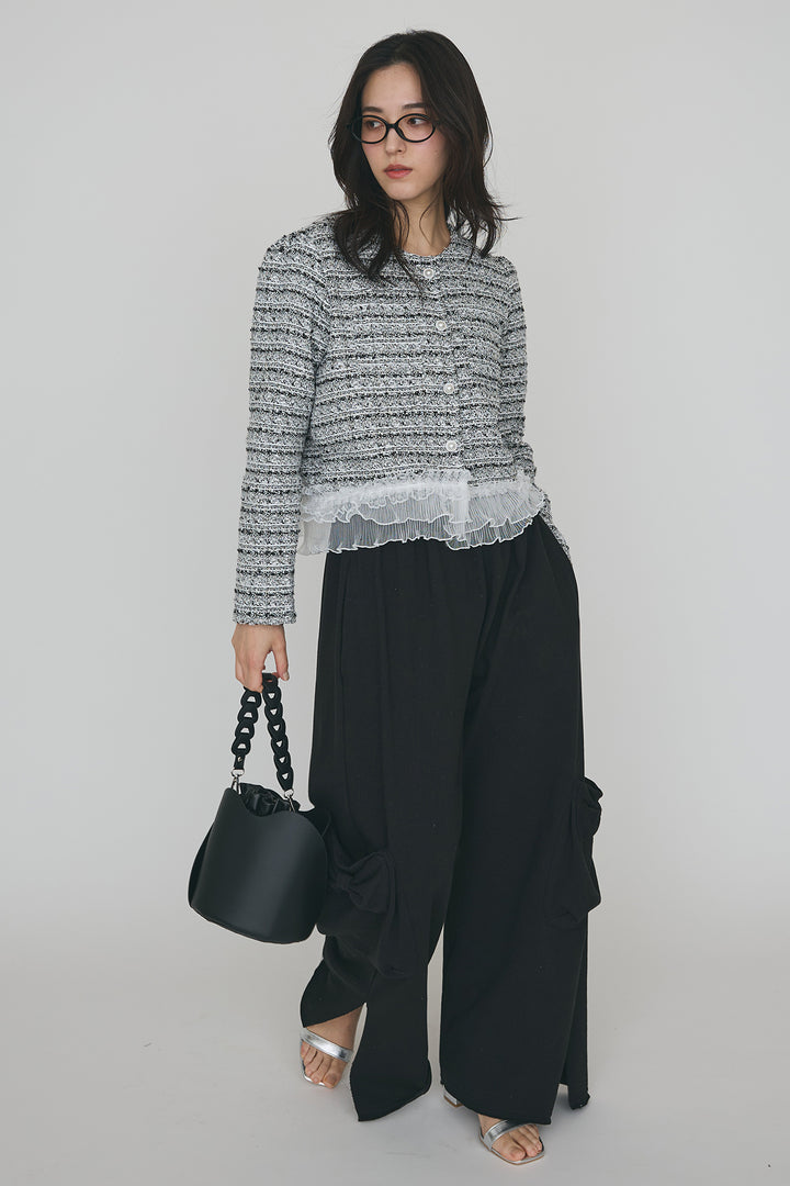 [予約/SET]プリーツフリルヘムライトツイードジャケット+ライトスウェットサイドリボンパンツ(2set)