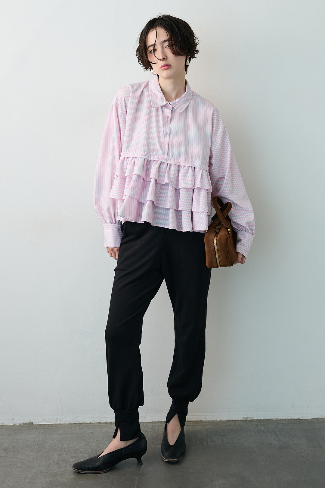 [予約]ストライプティアードフリルクロップドシャツ