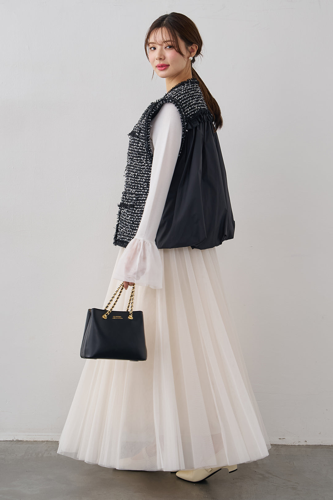 [予約/SET]チュールシアーカフスリブニット+異素材切り替えツイードベスト+エアリーチュールフレアスカート(3set)
