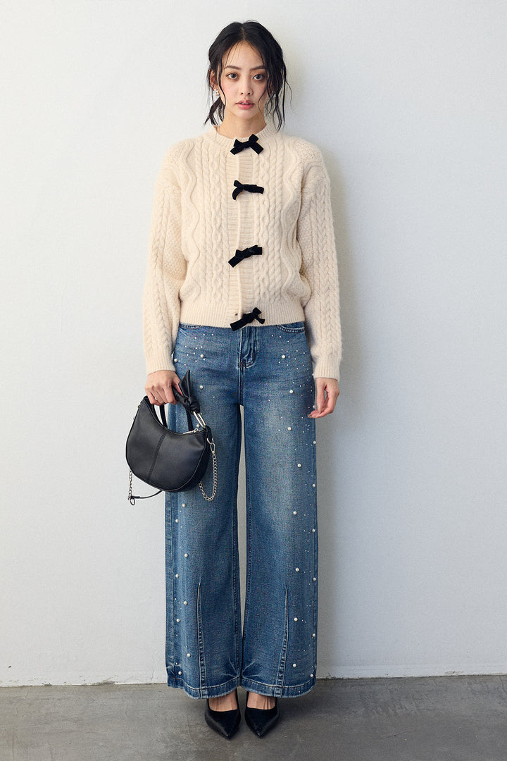 [予約/SET]ベロアリボンケーブルニットカーデ+パールラインストーンハイウエストデニム(2set)