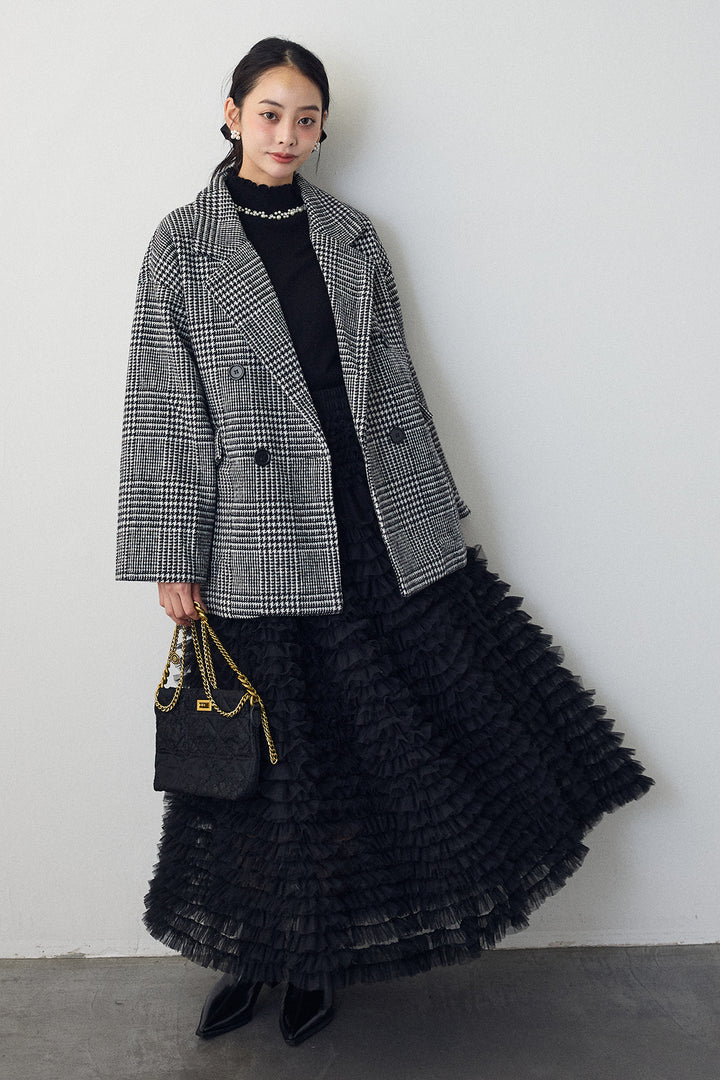 [予約/SET]チェック柄ボクシーコート+ホイップチュールティアードスカート(2set)