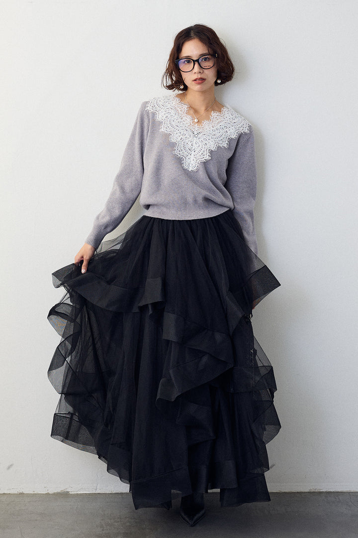 [予約/SET]Vレースデザインニットプルオーバー+ランダムフリルティアードボリュームスカート(2set)