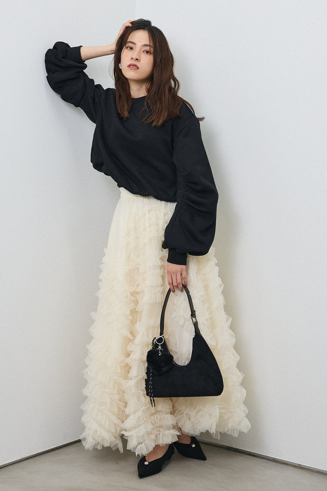 [予約/SET]裏起毛バルーンスリーブプルオーバー+スフレアシメチュールスカート(2set)
