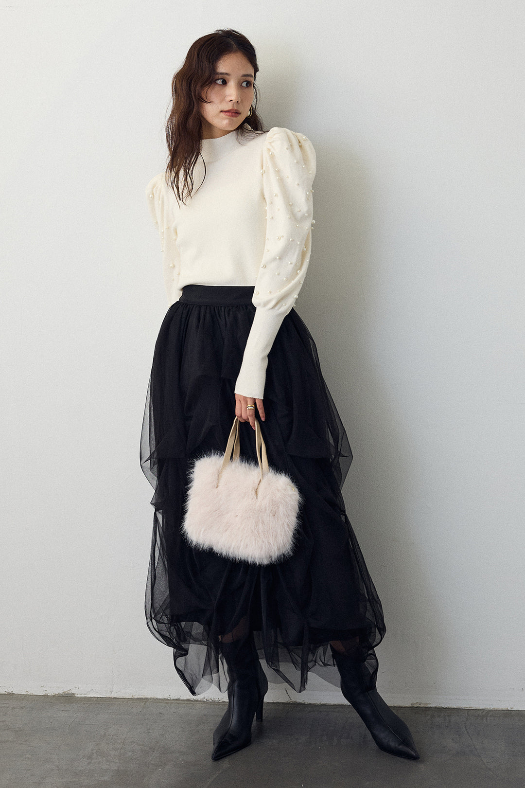 [予約/SET]パフスリーブランダムパールニット+マルチパターンタックチュールスカート(2set)