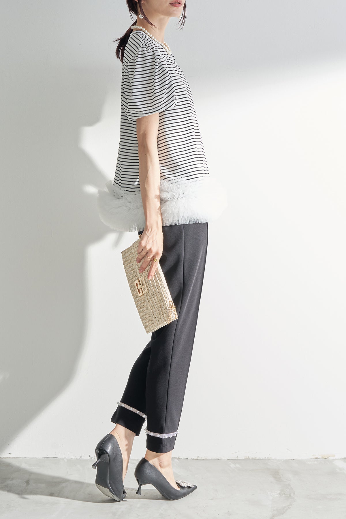 予約]チュールヘムドッキングボーダーTシャツ – Frene