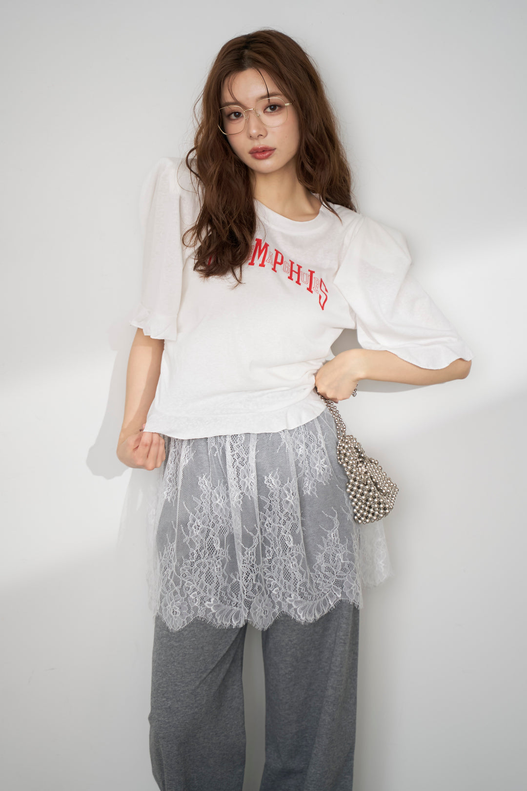 [予約/SET]ロゴパフスリーブデザインTシャツ+繊細レースレイヤードパンツ(2set)