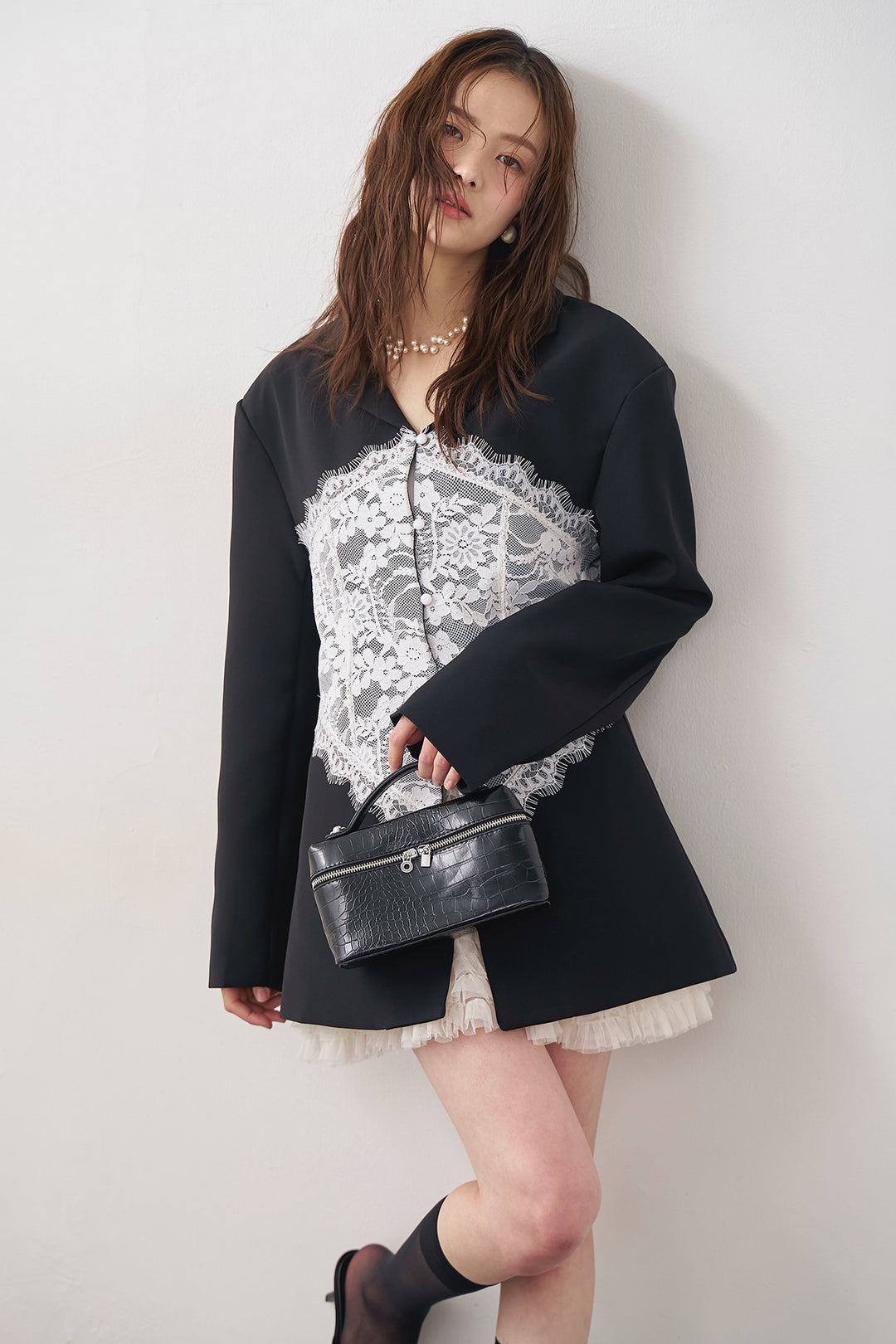 [予約/SET]美ラインウエストレースデザインジャケット+ホイップチュールミニ丈スカート(2set)