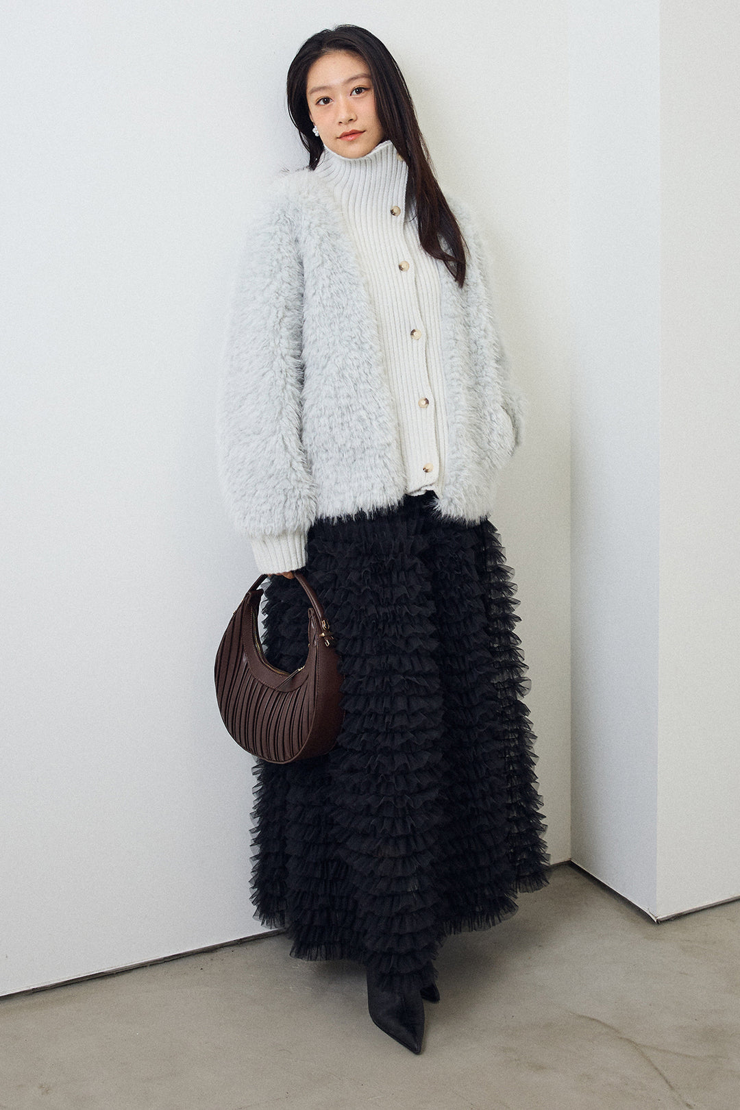 [予約/SET]シャギーファー×リブニットミックスジャケット+ホイップチュールティアードスカート(2set)