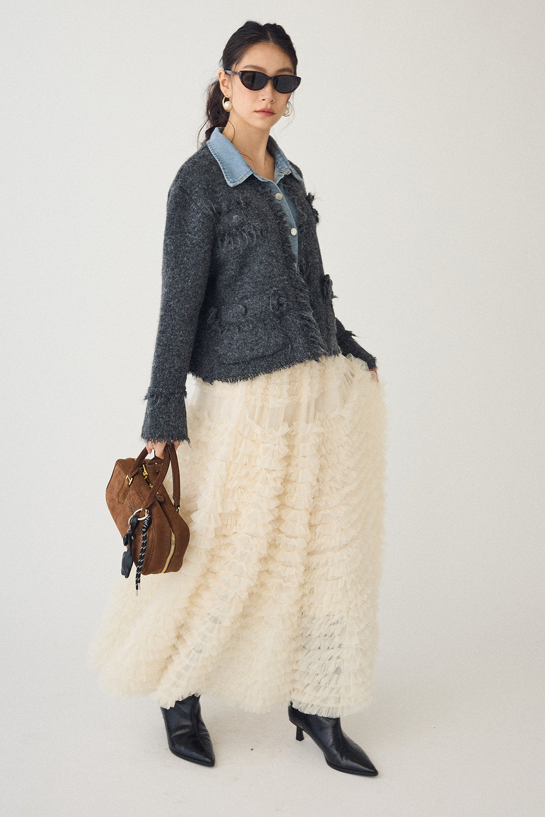 [予約/SET]デニムシャツドッキングツイードカーデ+ホイップチュールティアードスカート(2set)