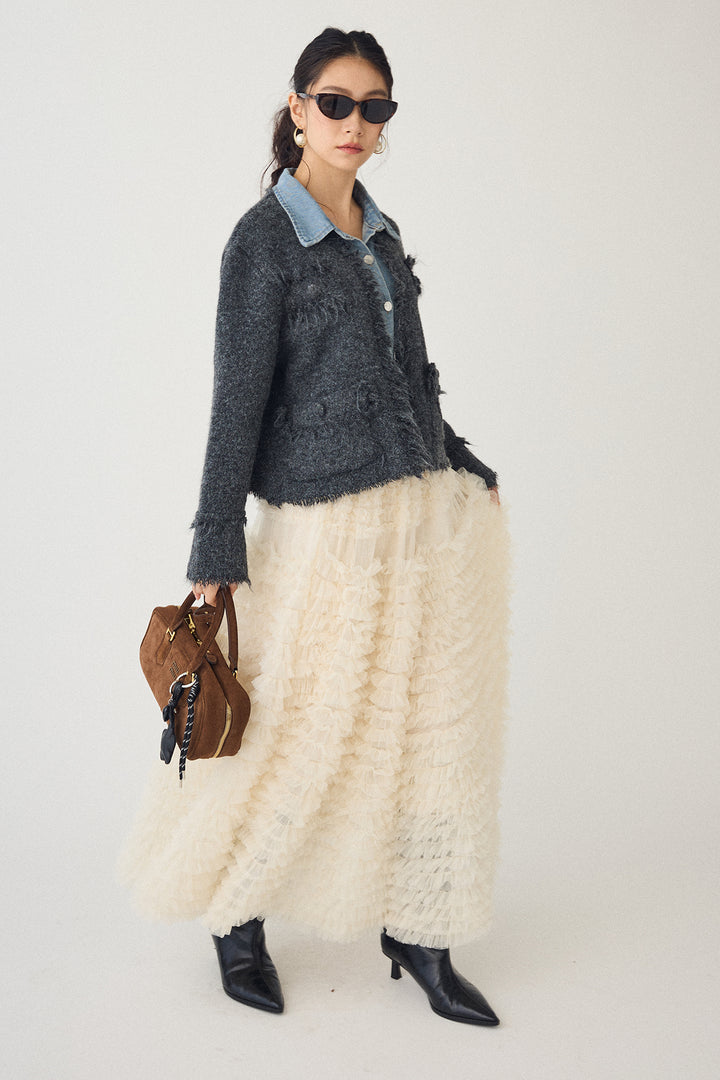 [予約/SET]デニムシャツドッキングツイードカーデ+ホイップチュールティアードスカート(2set)