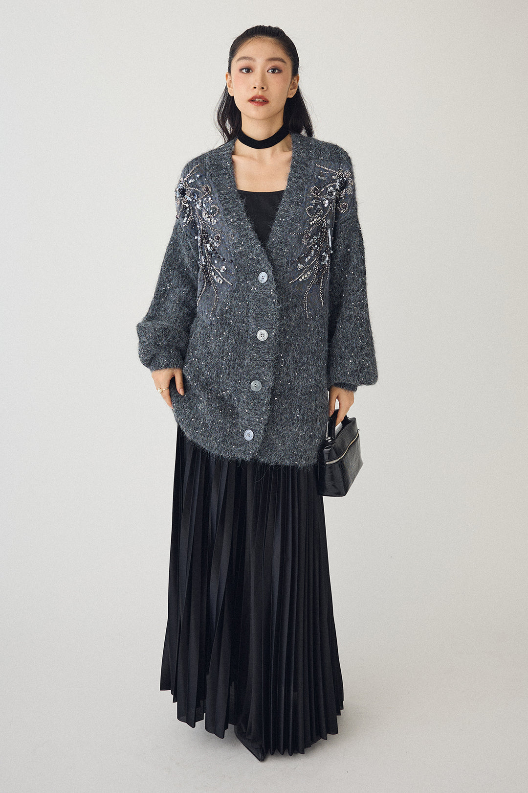 [予約/SET]ビーズフラワースパンコールシャイニーニットカーデ+シャイニープリーツサテンスカート(2set)