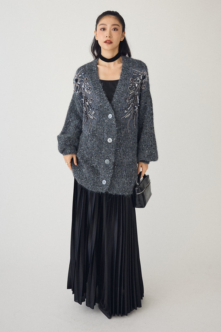 [予約/SET]ビーズフラワースパンコールシャイニーニットカーデ+シャイニープリーツサテンスカート(2set)