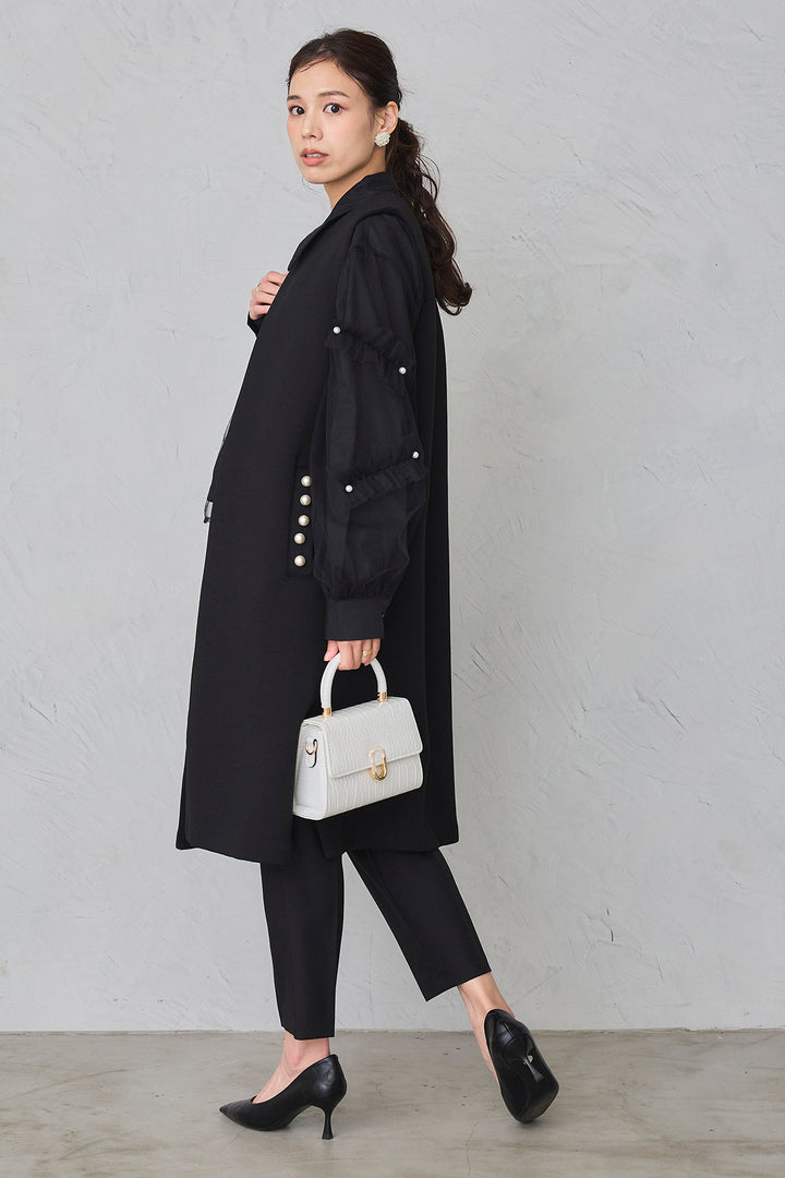 [予約/SET]チュールレイヤードパールシャツ+ポケットパール付きボンディングロングベスト+タックテーパードパンツ(3set)